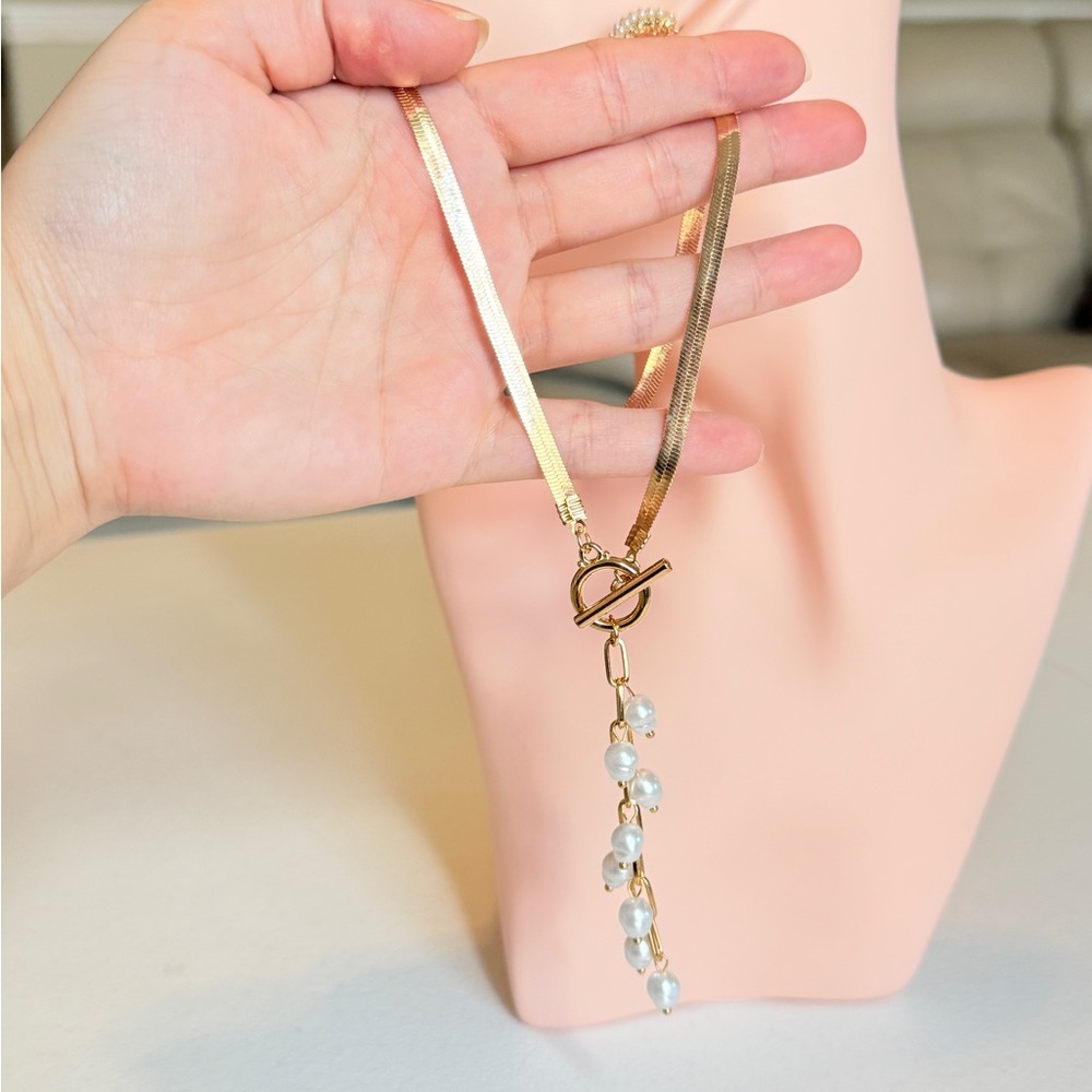 Gold Pearl Drop Toggle Necklace - Picture 8 of 8